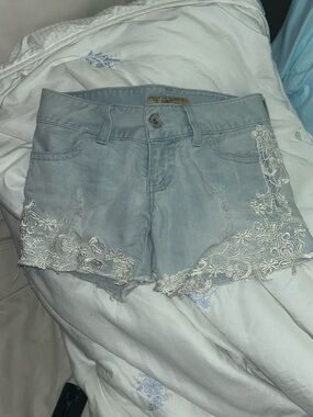 Guess Light Blue Denim Shorts with White Lace Trim